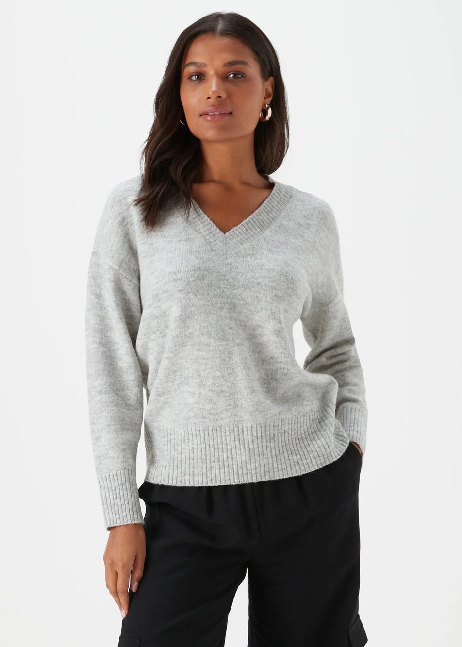 Selected Femme V Neck Sweater Women's Small Gray Long Sleeve Pull Over Jumper